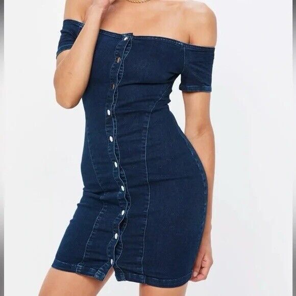 Guess Bodycon Jean Dress Size M Denim Cute Off The Shoulders Silver Button - Picture 1 of 12
